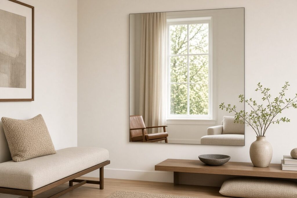 Large frameless wall mirror doubling natural window light in a modern Los Angeles living room