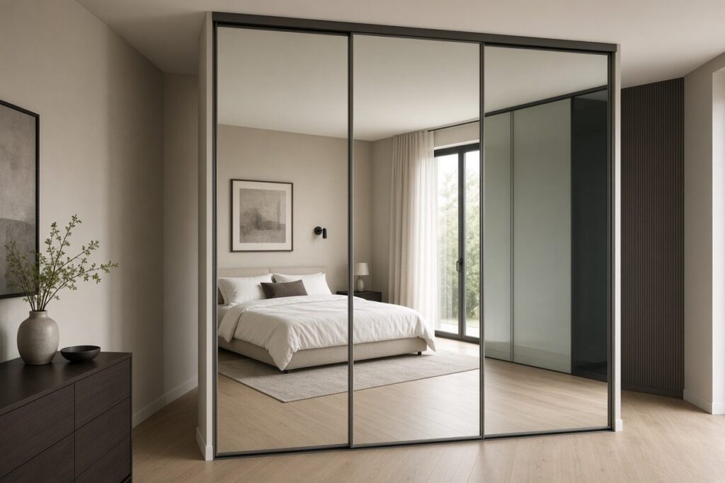 Full-length mirrored sliding closet doors on top-mounted tracks in a modern LA bedroom
